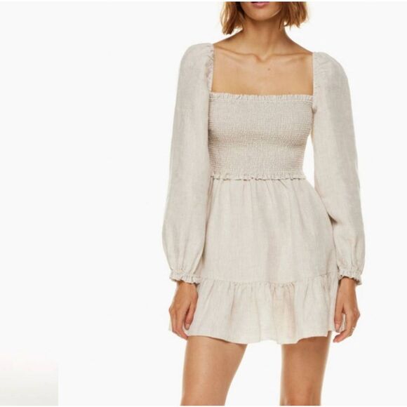 Aritzia Wilfred Tempest Organic Linen Smocked Mini Dress Sz S Tapioca Yellow - Picture 10 of 11